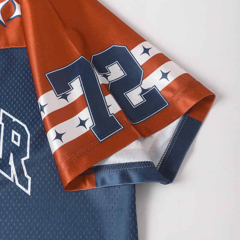 Orange and navy mesh varsity football jersey sleeve with star stripes and number 72 detail