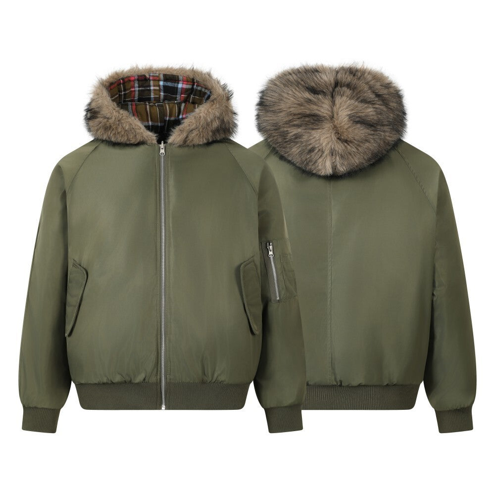 Reversible Plaid Faux Fur Hooded Bomber Jacket | Military Green