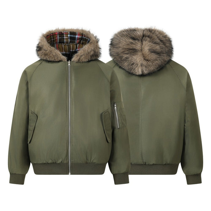 Reversible Plaid Faux Fur Hooded Bomber Jacket | Military Green
