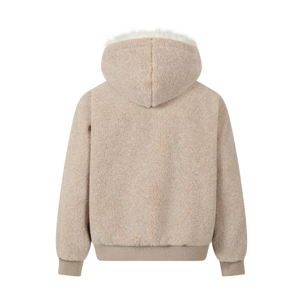 Faux Shearling Hooded Bomber Jacket with Fur Trim