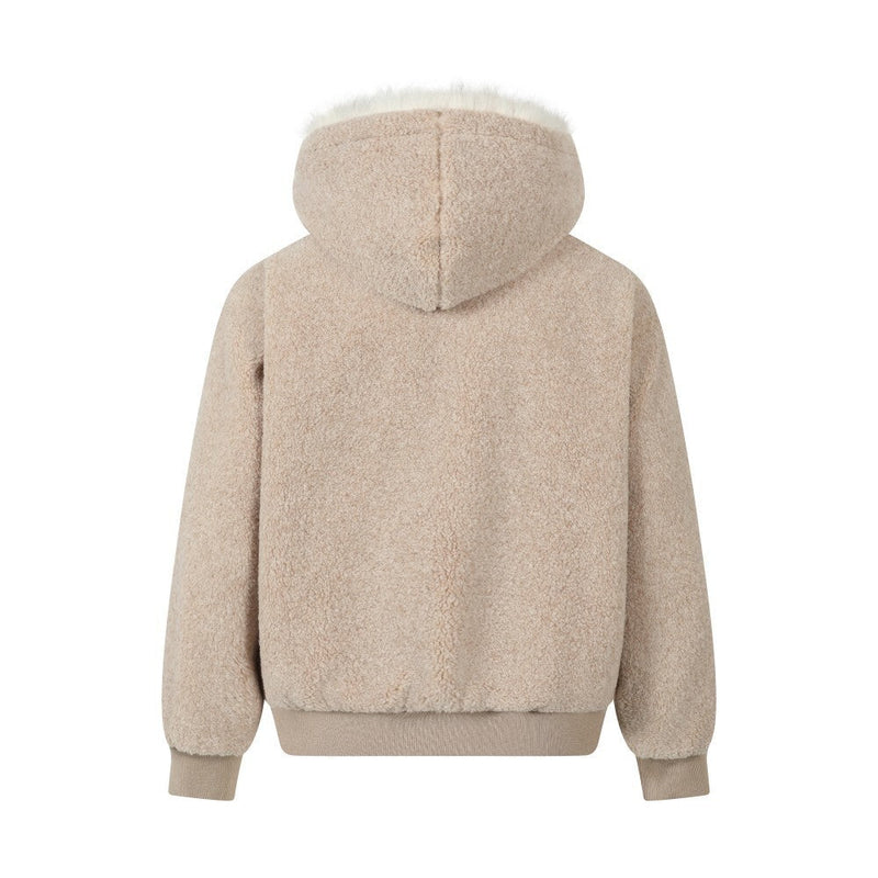 Faux Shearling Hooded Bomber Jacket with Fur Trim