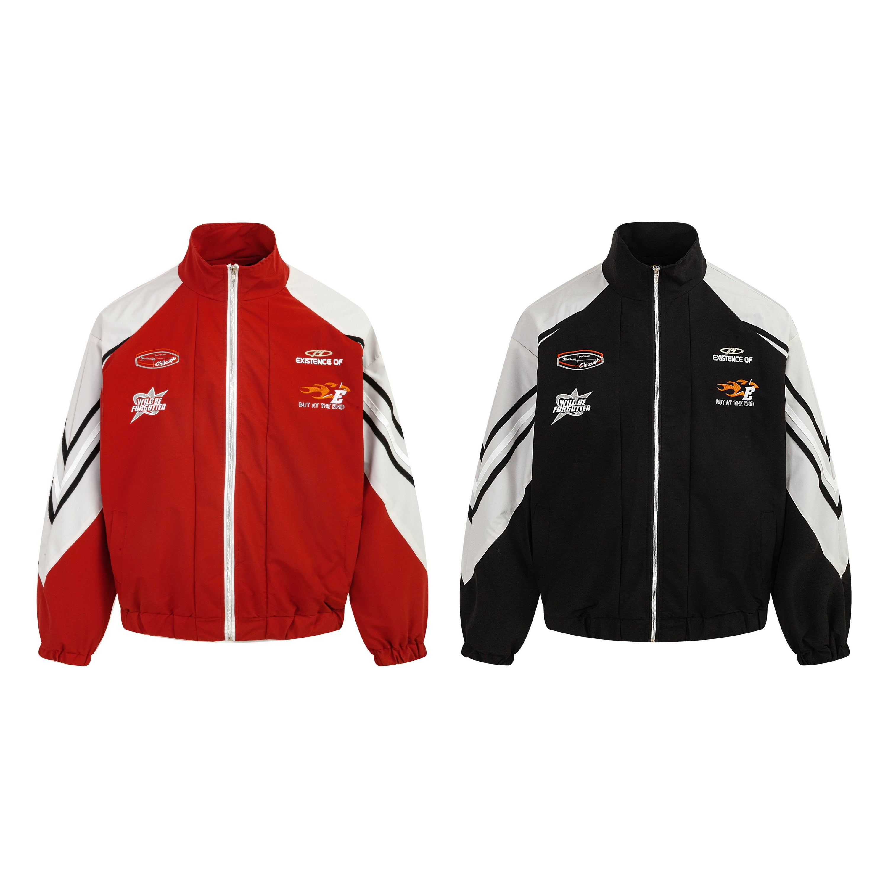 Omirad Racing Track Zip Jacket in red and white colorway with flame graphics, racing badges, and contrast stripe panels