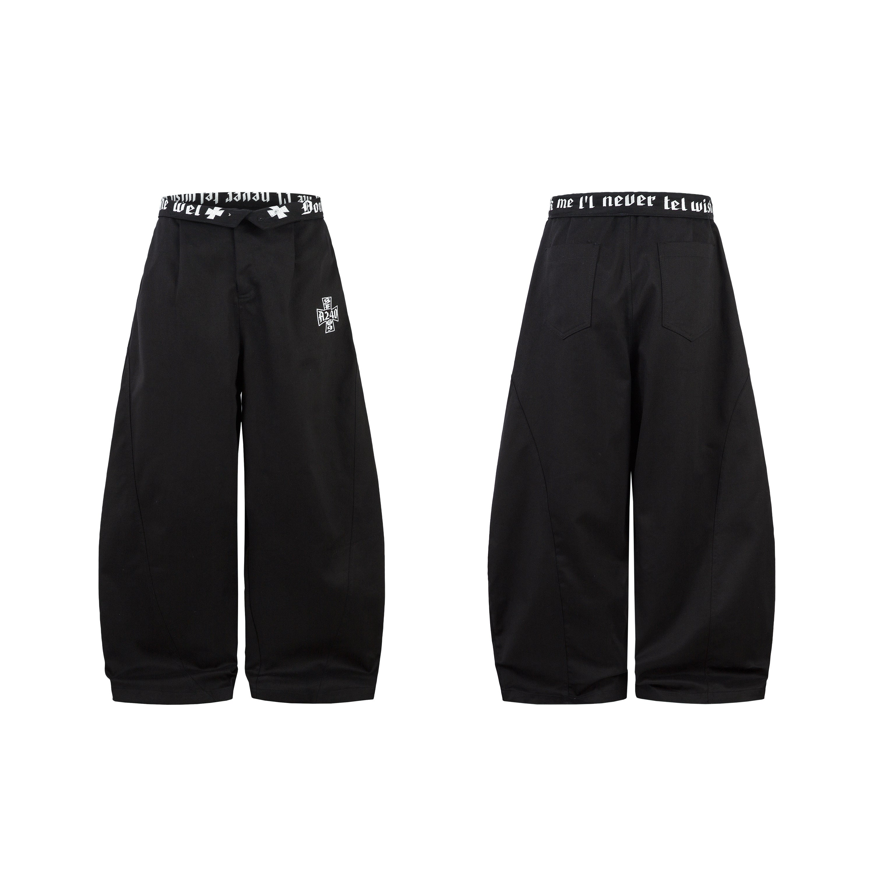 Front and back view of black curved barrel-leg pants with gothic elastic waistband and embroidered cross logo
