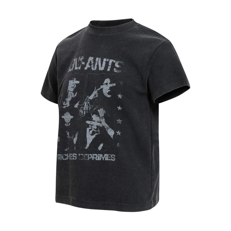 Black waffle-knit graphic T-shirt with faded vintage-style print and Enfants Riches Déprimés lettering on the front