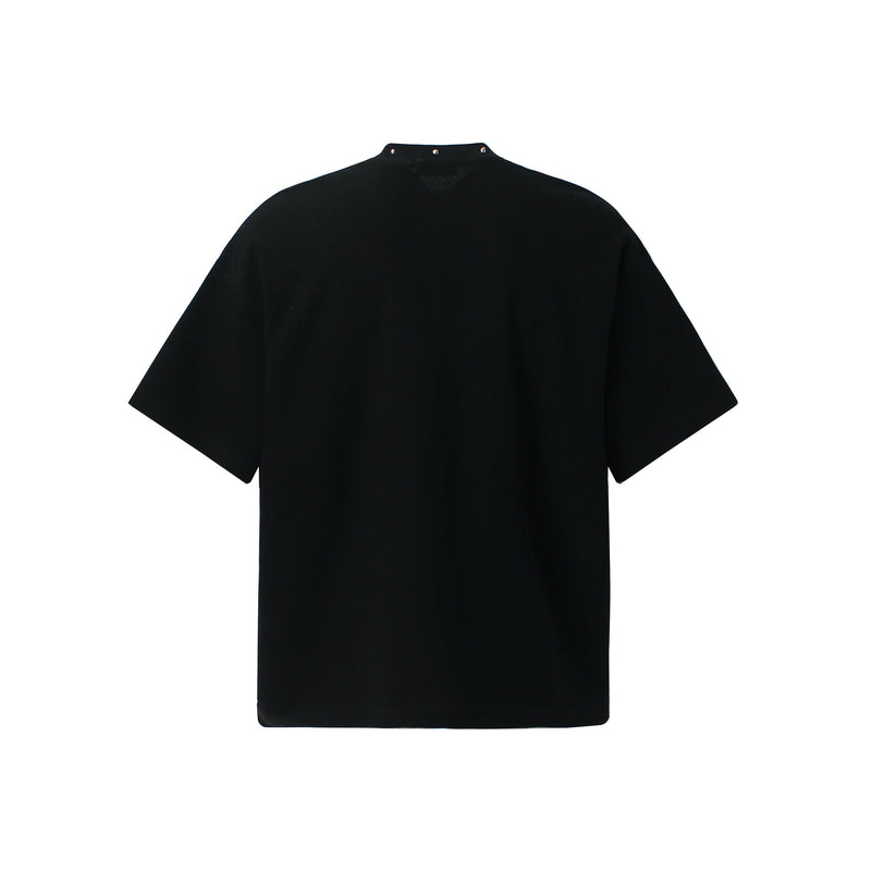 Black oversized graphic T-shirt with a high neck and short sleeves, shown flat against a white background