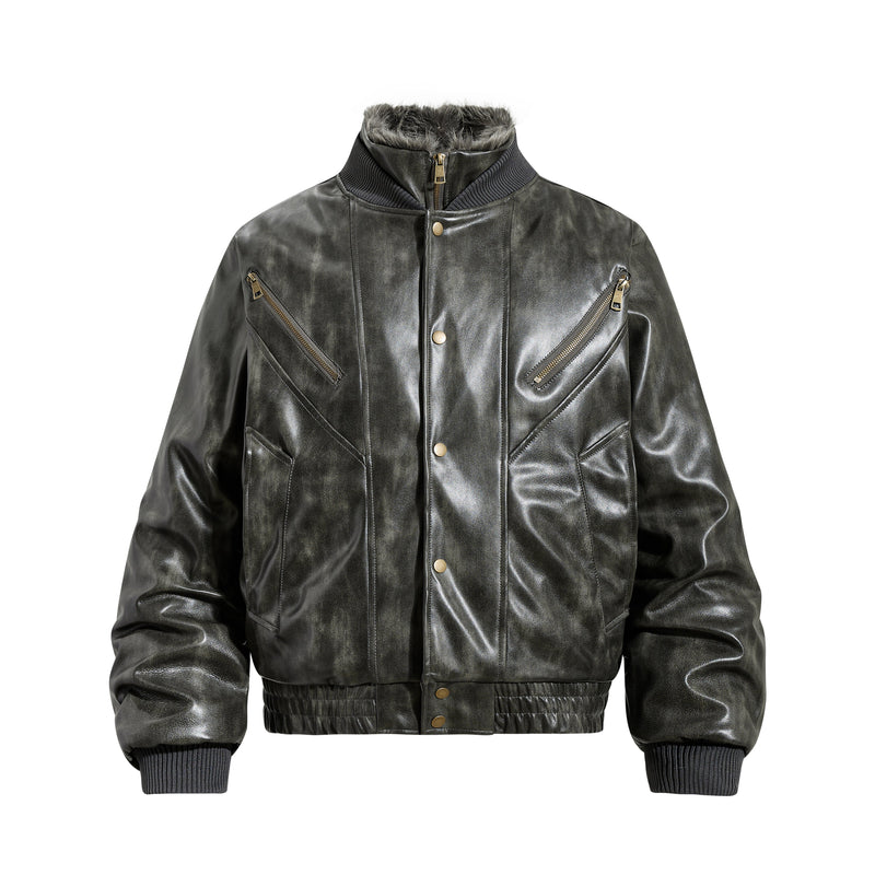 Omirad Faux Leather Bomber Jacket with Faux Fur Collar
