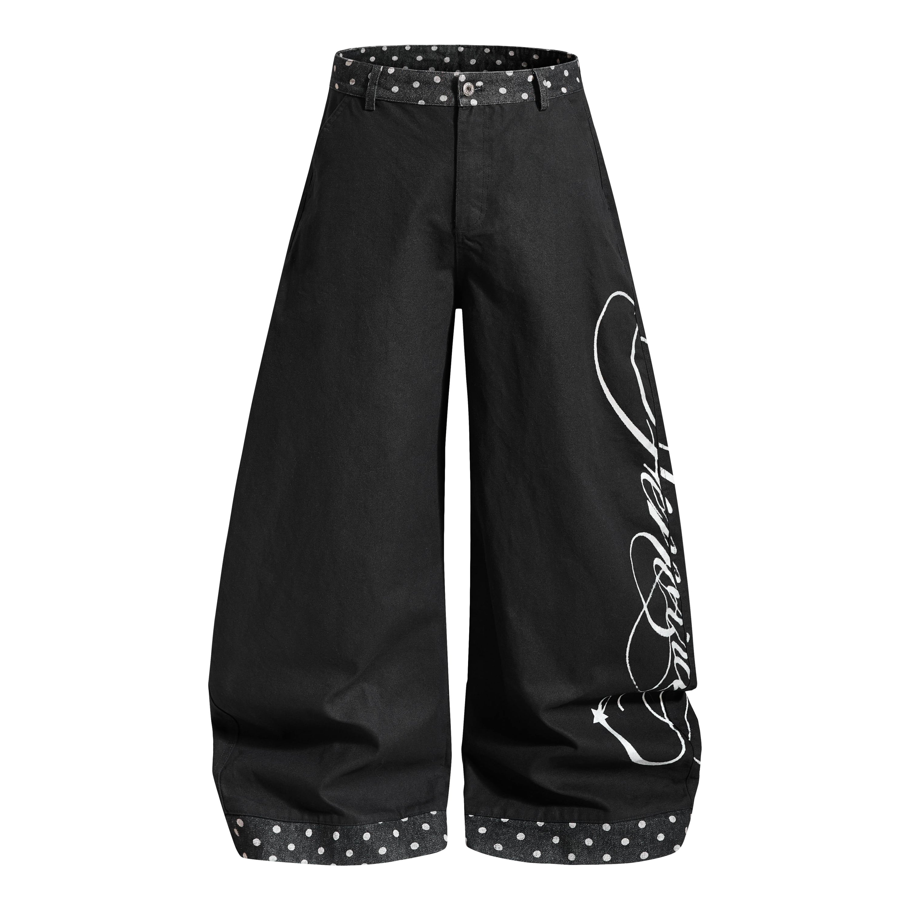Polka Dot Panel Wide-Leg Denim Jeans | Script Graphic Print