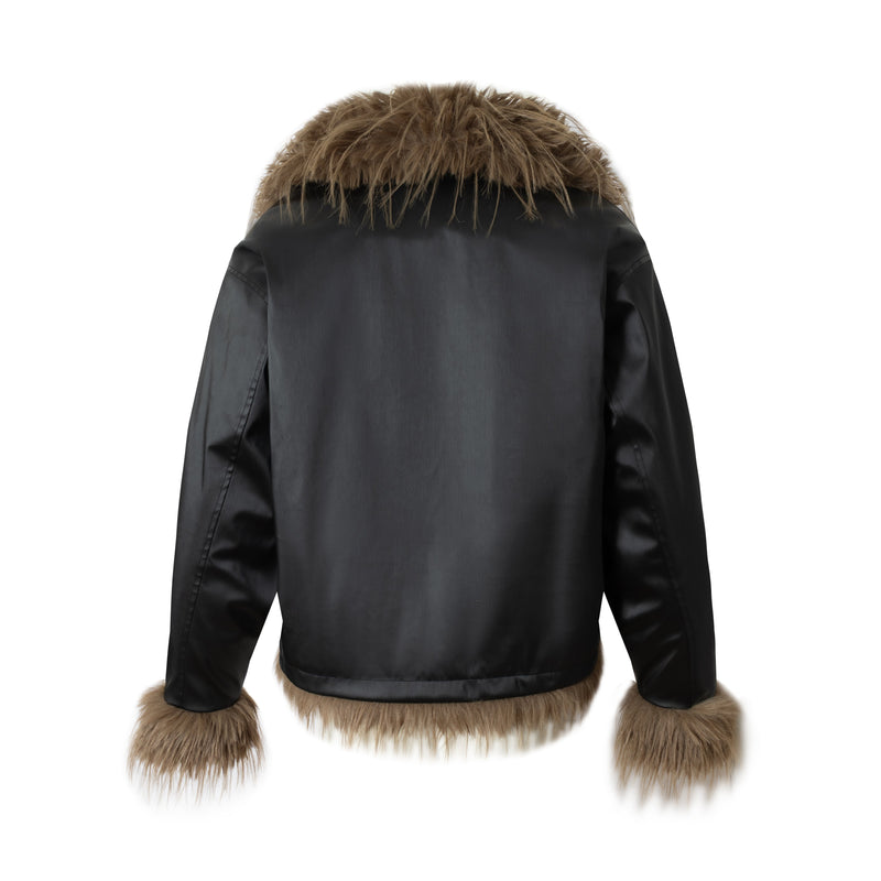 Omirad Faux-Leather Fur Trim Cropped Bomber Jacket