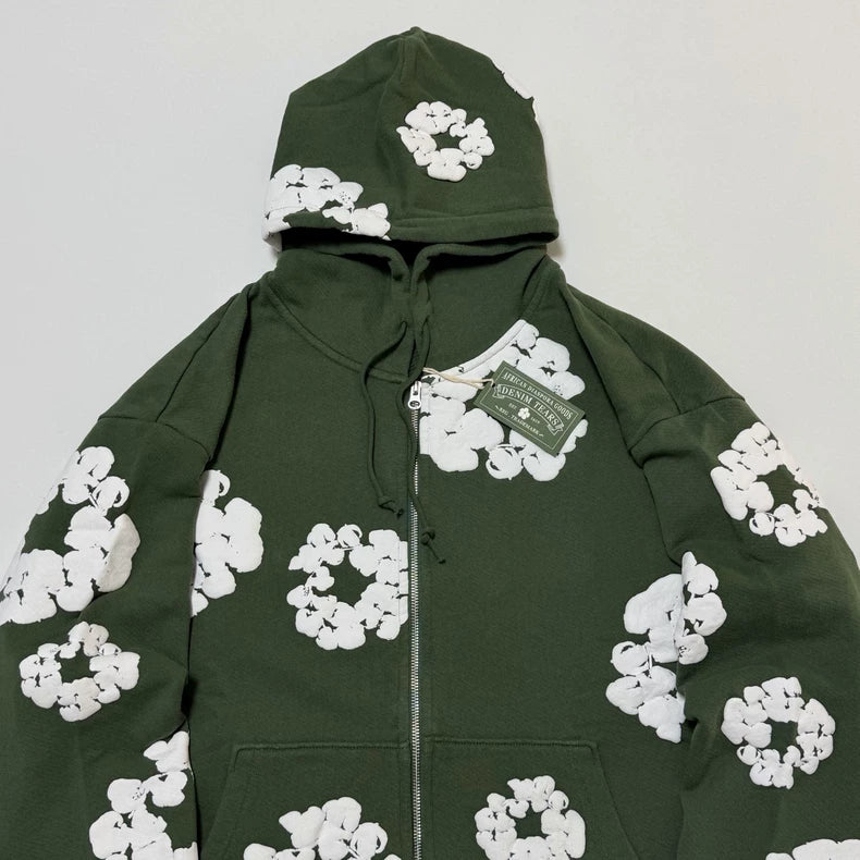 Denim Tears Cotton Wreath Puff Print Zip-Up Hoodie – Green