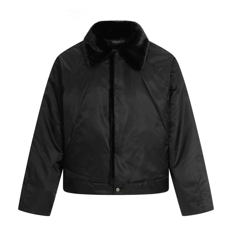 Faux Fur Collar Cropped Nylon Jacket | Smoke Gray & Black