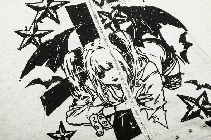 Close-up of white hoodie graphic with anime figure, stars and zipper center