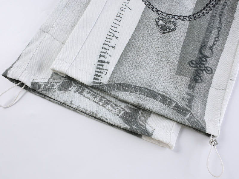 Close-up of folded pants hem with drawstring cord detail