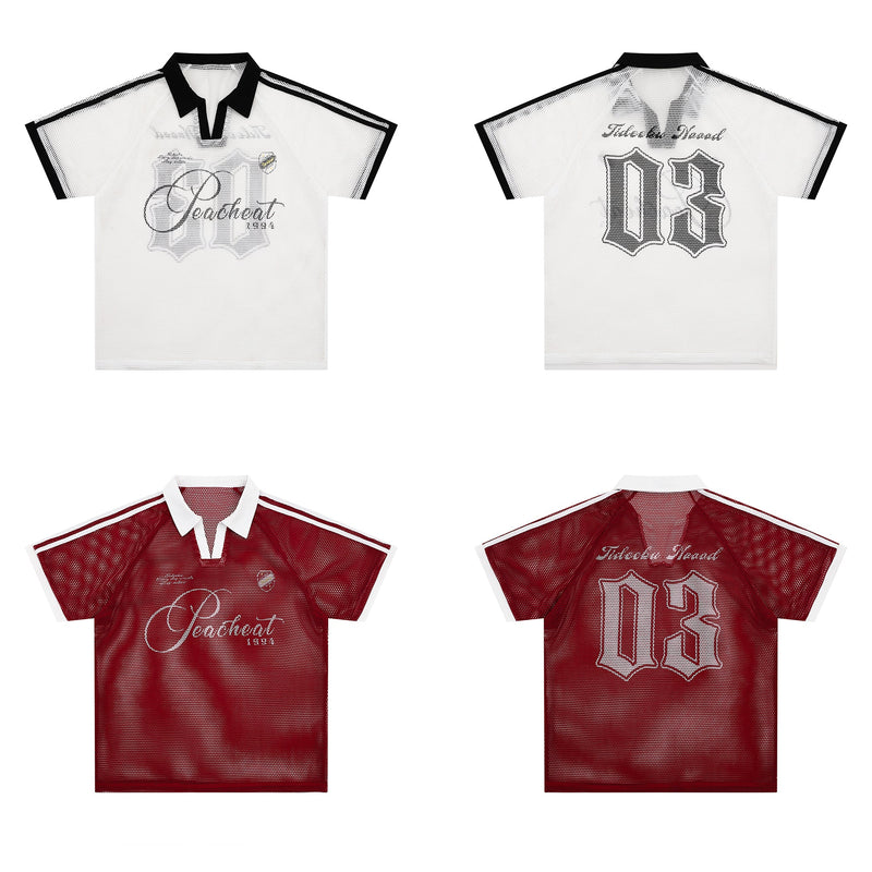 Vintage mesh polo tee in black and red with retro script and oversized graphic print, shown front and back views