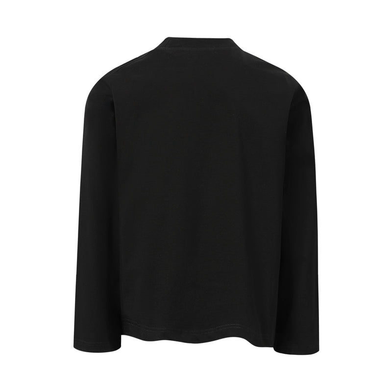 Back view of black long-sleeve tee with plain solid finish