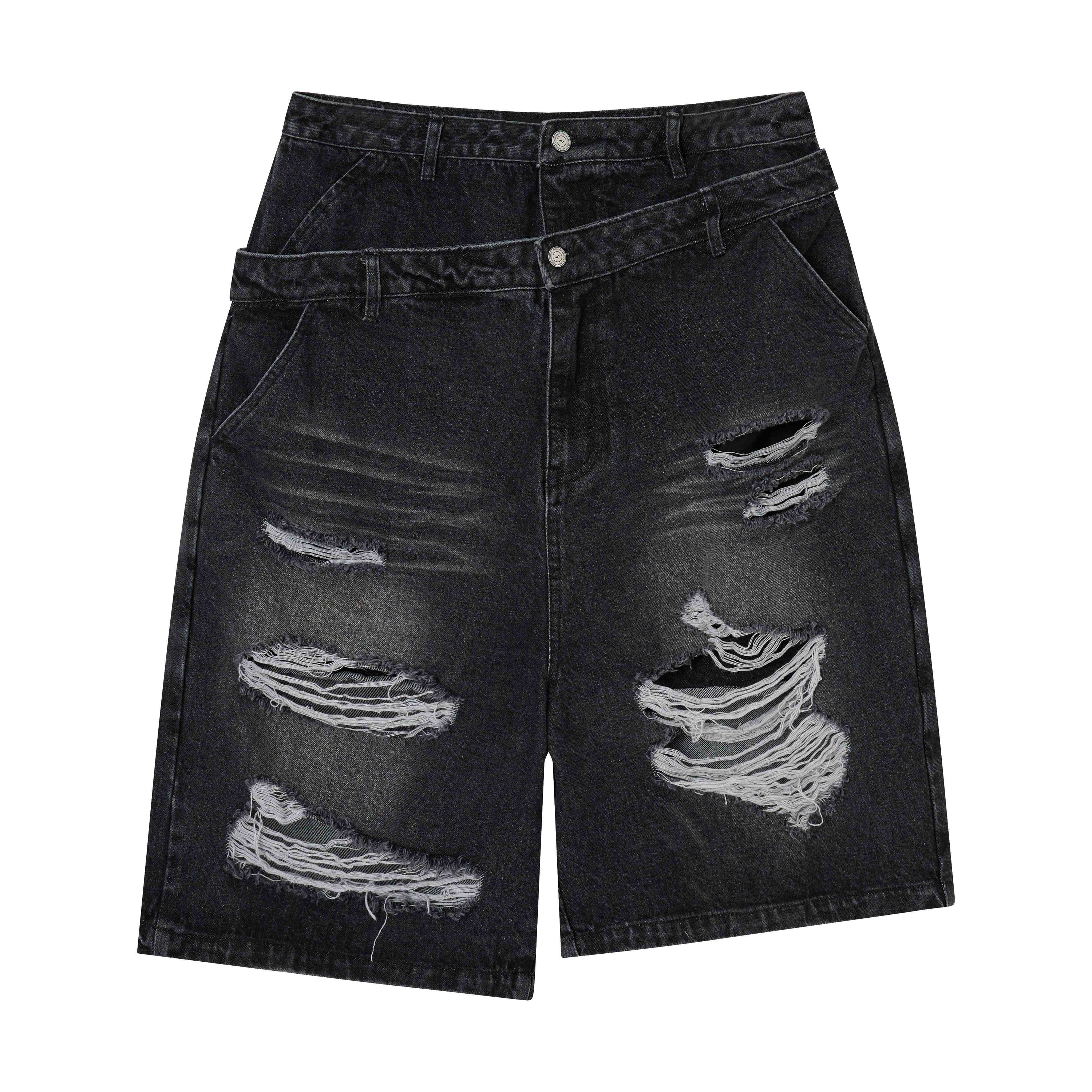 Distressed Layered Waistband Denim Shorts | Streetwear