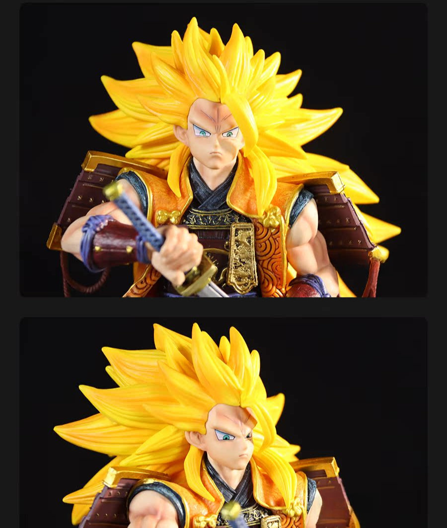 Two images feature the Goku Samurai Collectible Figure by Seakoff, a 30cm Dragon Ball Z model with spiky yellow hair, blue eyes, a sword, and ornate gold-detailed armor. The intense expression is captured from various angles against a black background.