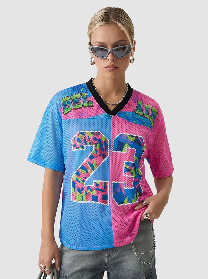 Split-color blue and pink mesh jersey T-shirt with oversized 23 graphic and Del Air lettering on model