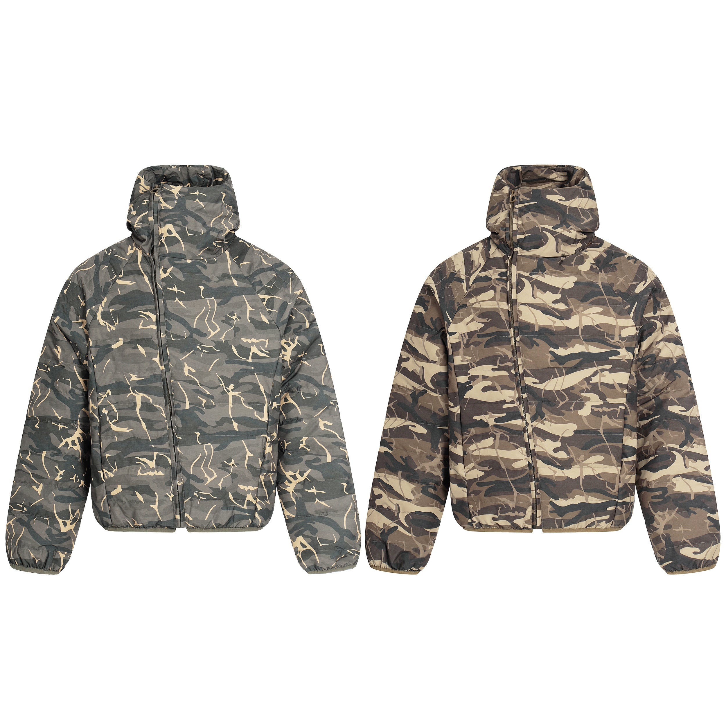 Omirad camo down puffer jacket shown in green and tan camouflage colourways, hooded with full zip closure