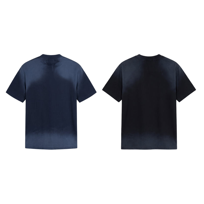 Two navy distressed graphic tees shown front and back, featuring a vintage wash streetwear style with a faded hemline