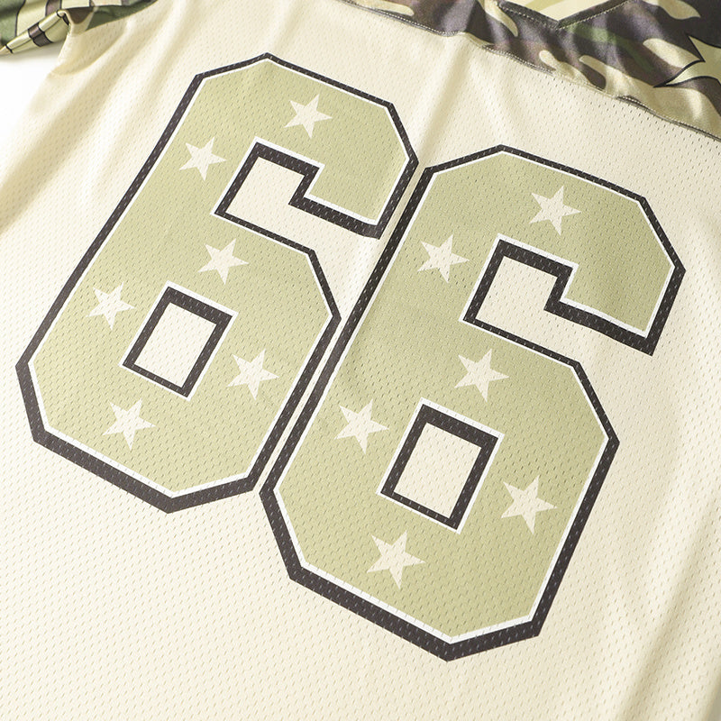 Camo military star football jersey with large number 66 on a cream mesh performance fabric