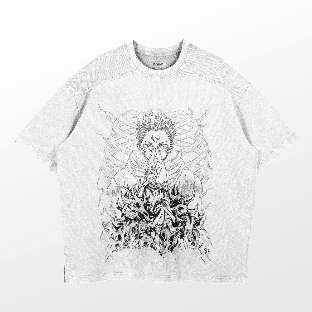 The Jujutsu Kaisen Sukuna Washed Vintage T-Shirt features premium 260 GSM cotton with a detailed black and white design. It depicts a person with clasped hands, surrounded by abstract rib-like swirls, offering a casual fit.