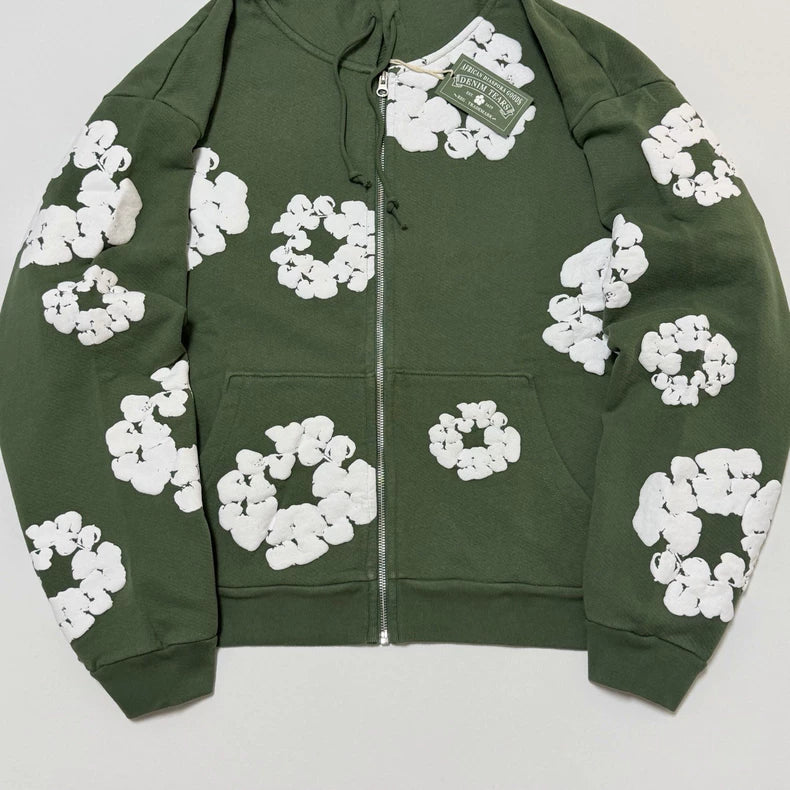 Denim Tears Cotton Wreath Puff Print Zip-Up Hoodie – Green