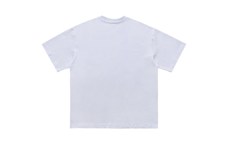 Back view of a plain white short-sleeve graphic tee with a relaxed streetwear fit on a white background