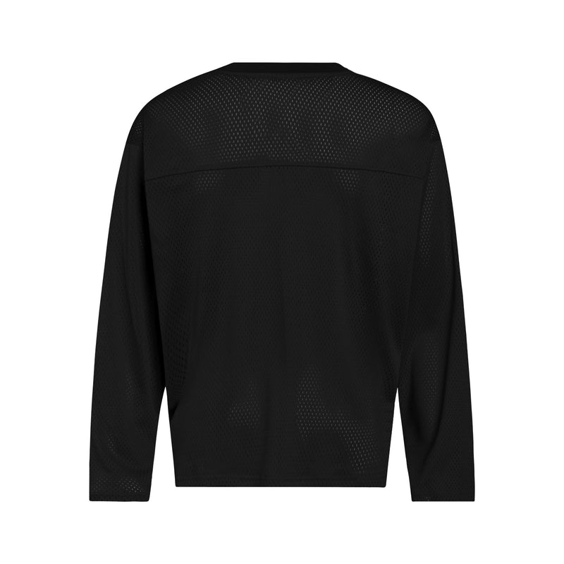 Black mesh jersey back view with long sleeves and perforated fabric texture
