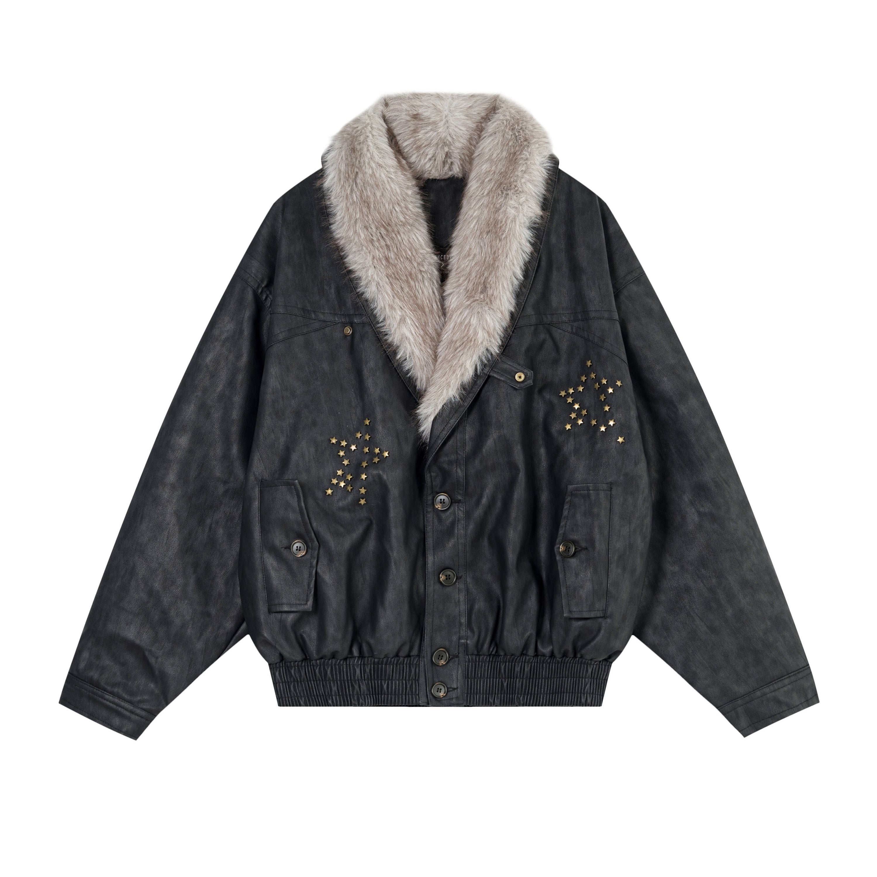 Fur-Collar Studded PU Bomber Jacket | Vintage Streetwear