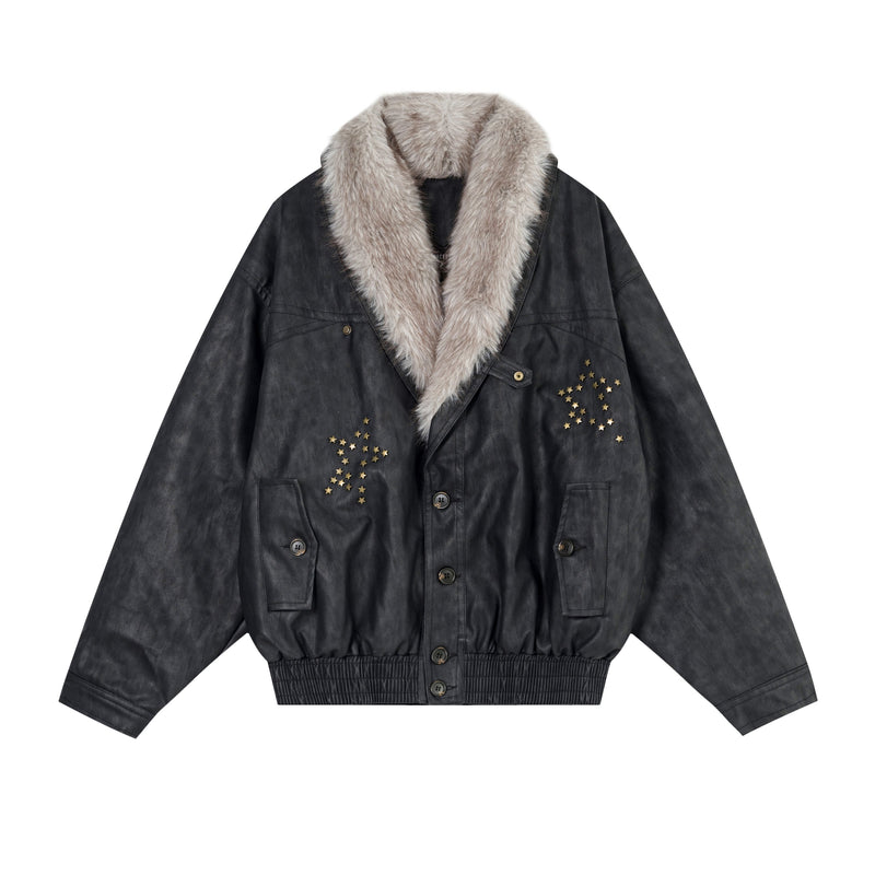 Fur-Collar Studded PU Bomber Jacket | Vintage Streetwear