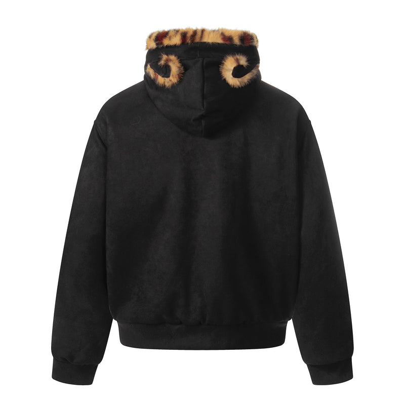 Leopard Faux Fur-Lined Bomber Jacket with Bear Ear Hood