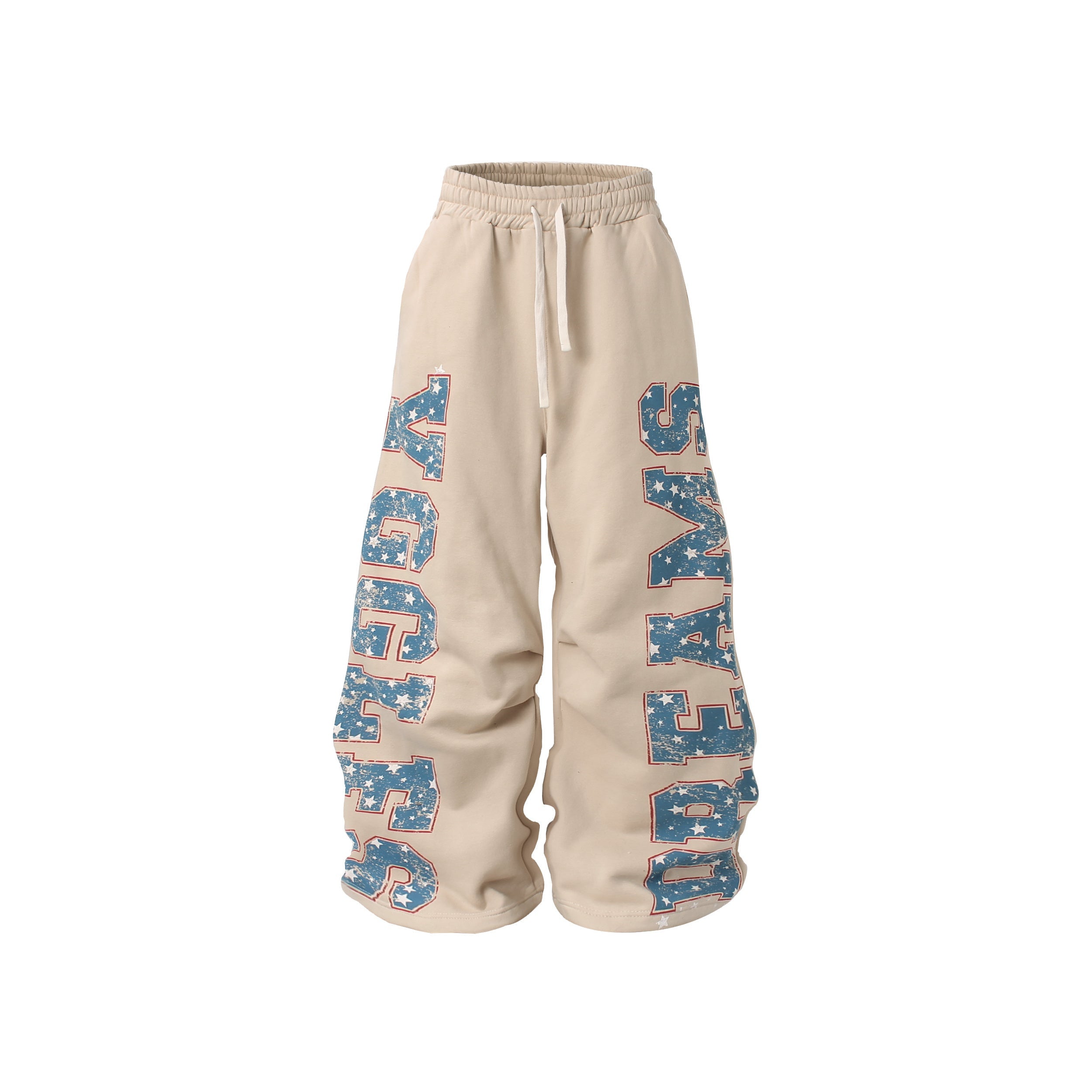 Sand beige wide-leg fleece sweatpants with distressed blue retro block letter and star graphics on each leg, front view