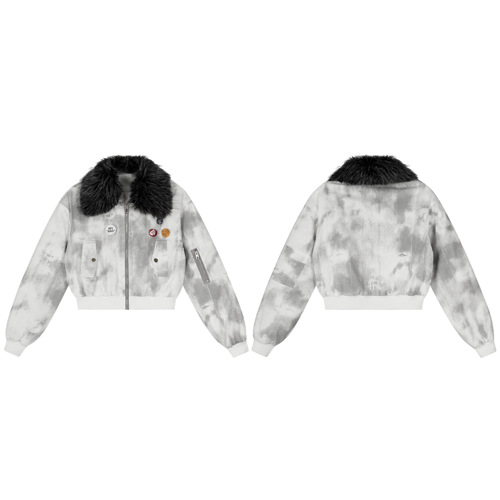 Front and back view of a cropped tie-dye bomber jacket with black faux fur collar, pin badges, and utility sleeve pocket