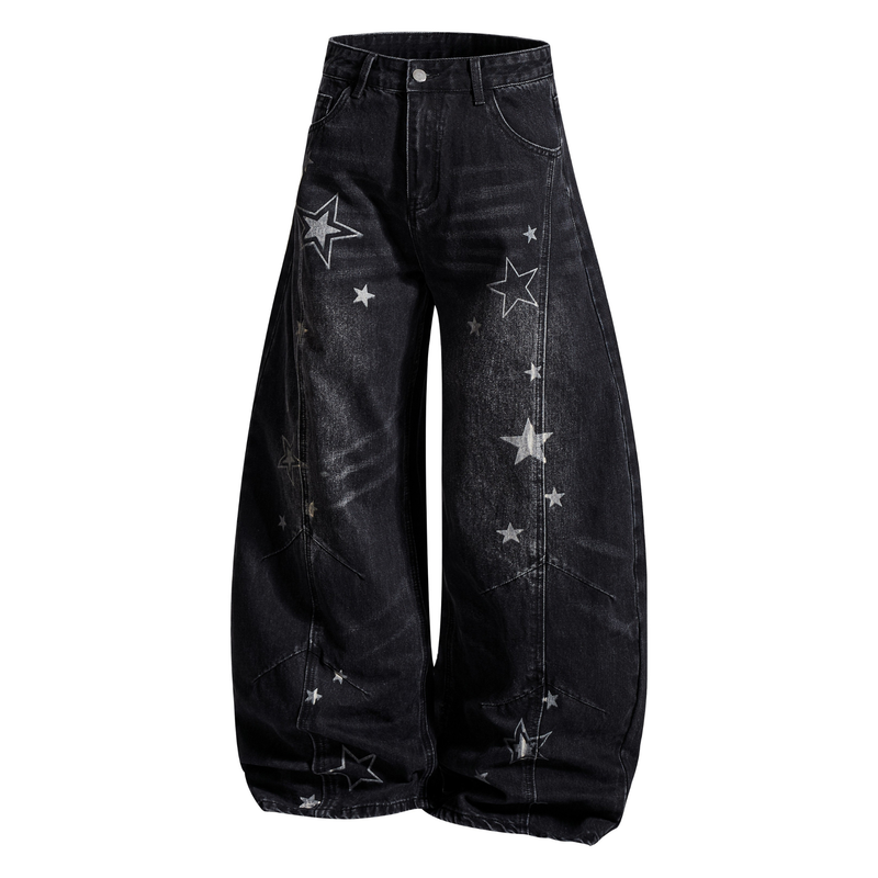 Front view of black wide-leg jeans with star print and curved barrel shape