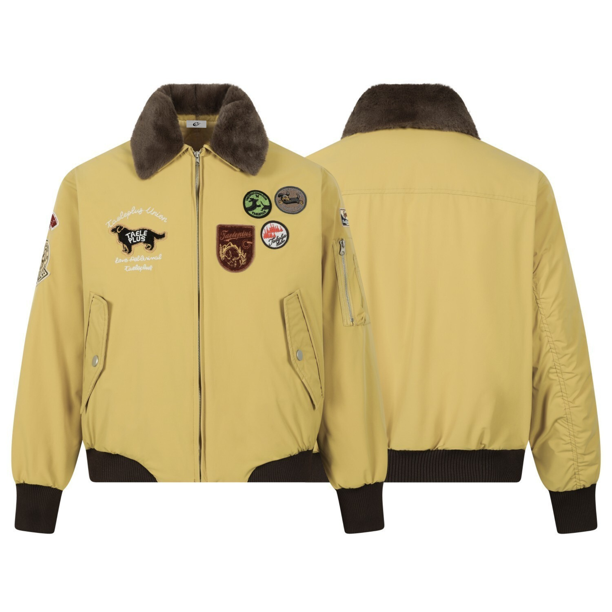 Taele Plus Aviation Patch Bomber Jacket with Fur Collar