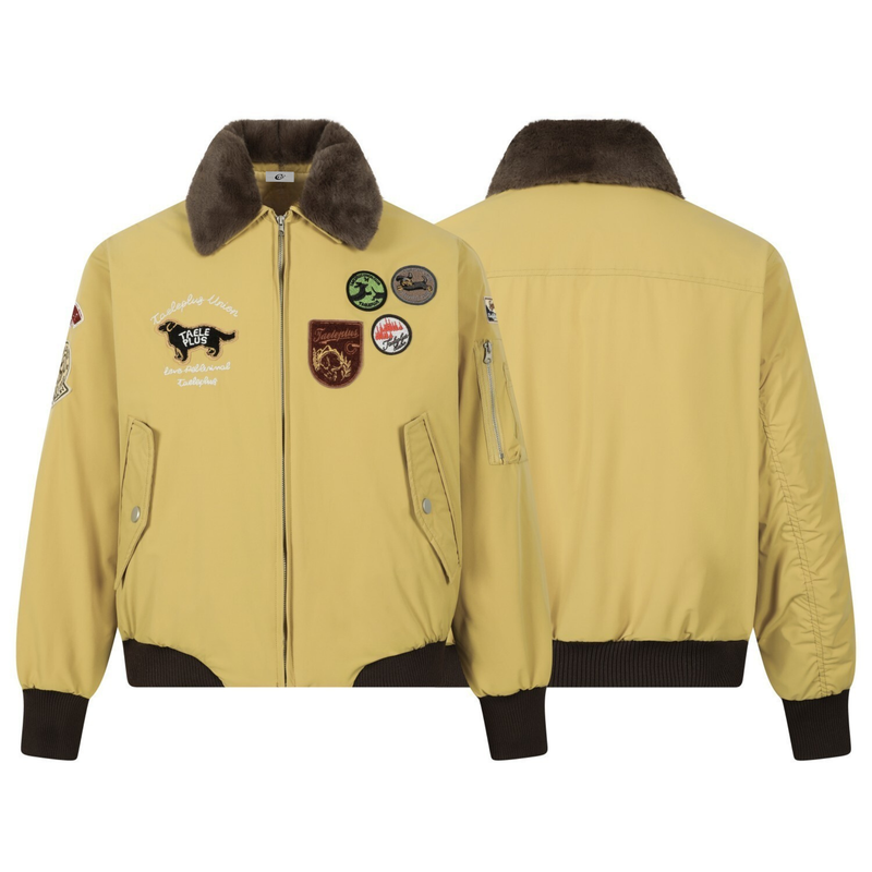 Taele Plus Aviation Patch Bomber Jacket with Fur Collar