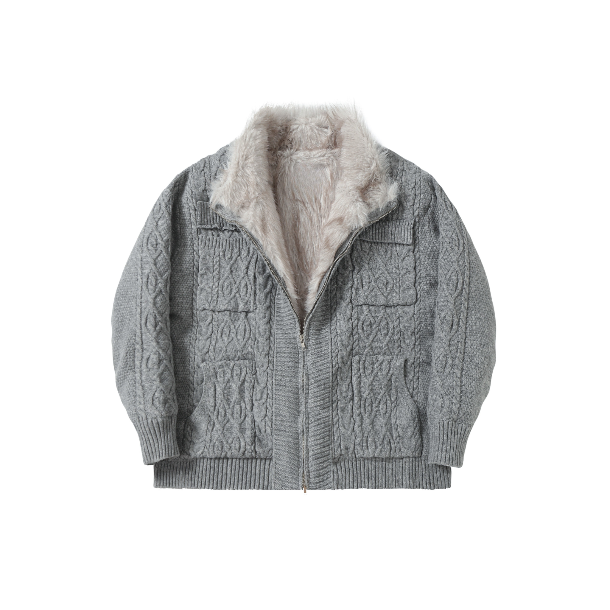 Fleece-Lined Cable Knit Zip Jacket | Faux Fur Collar