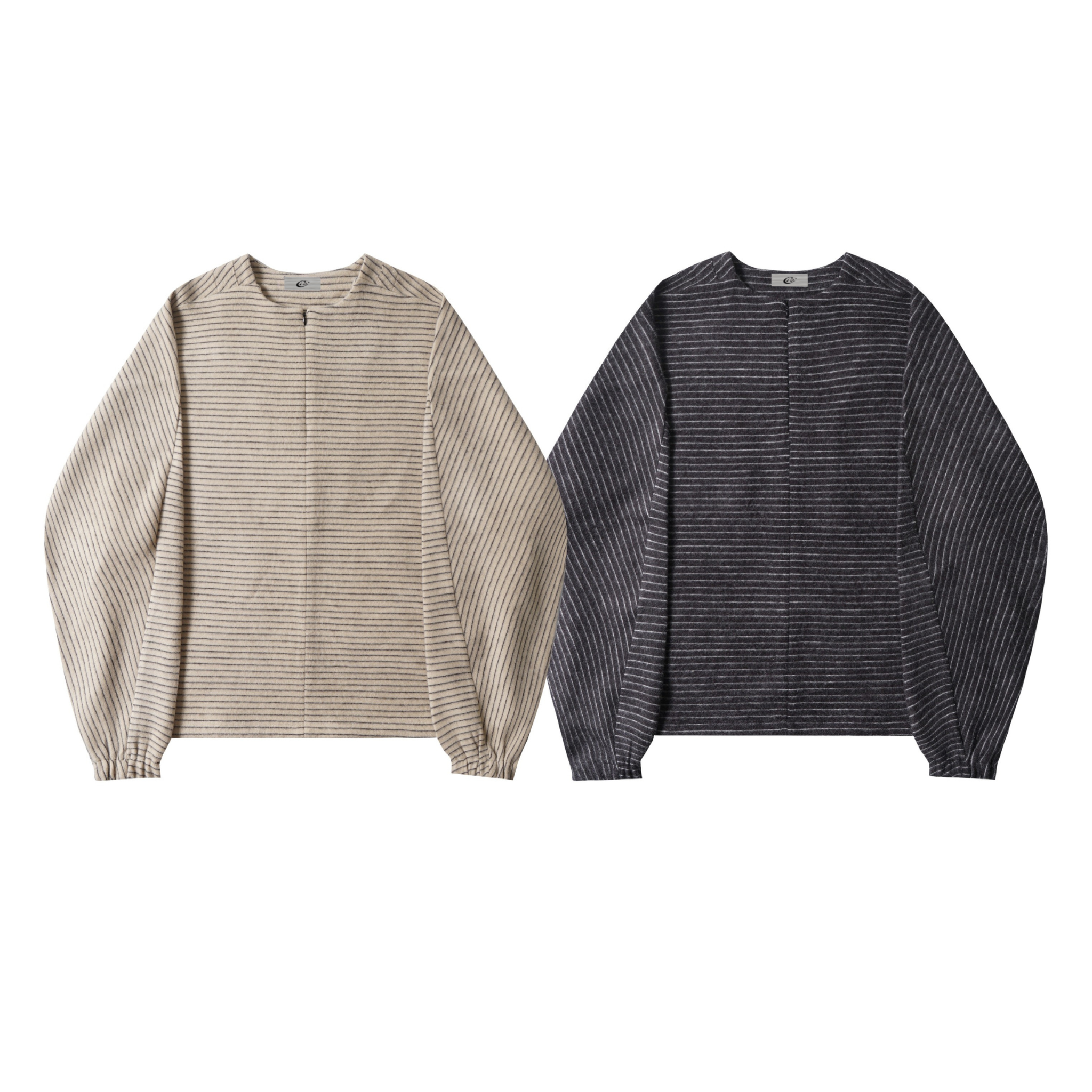Oversized striped long sleeve shirts in oatmeal and charcoal, displayed flat on white background