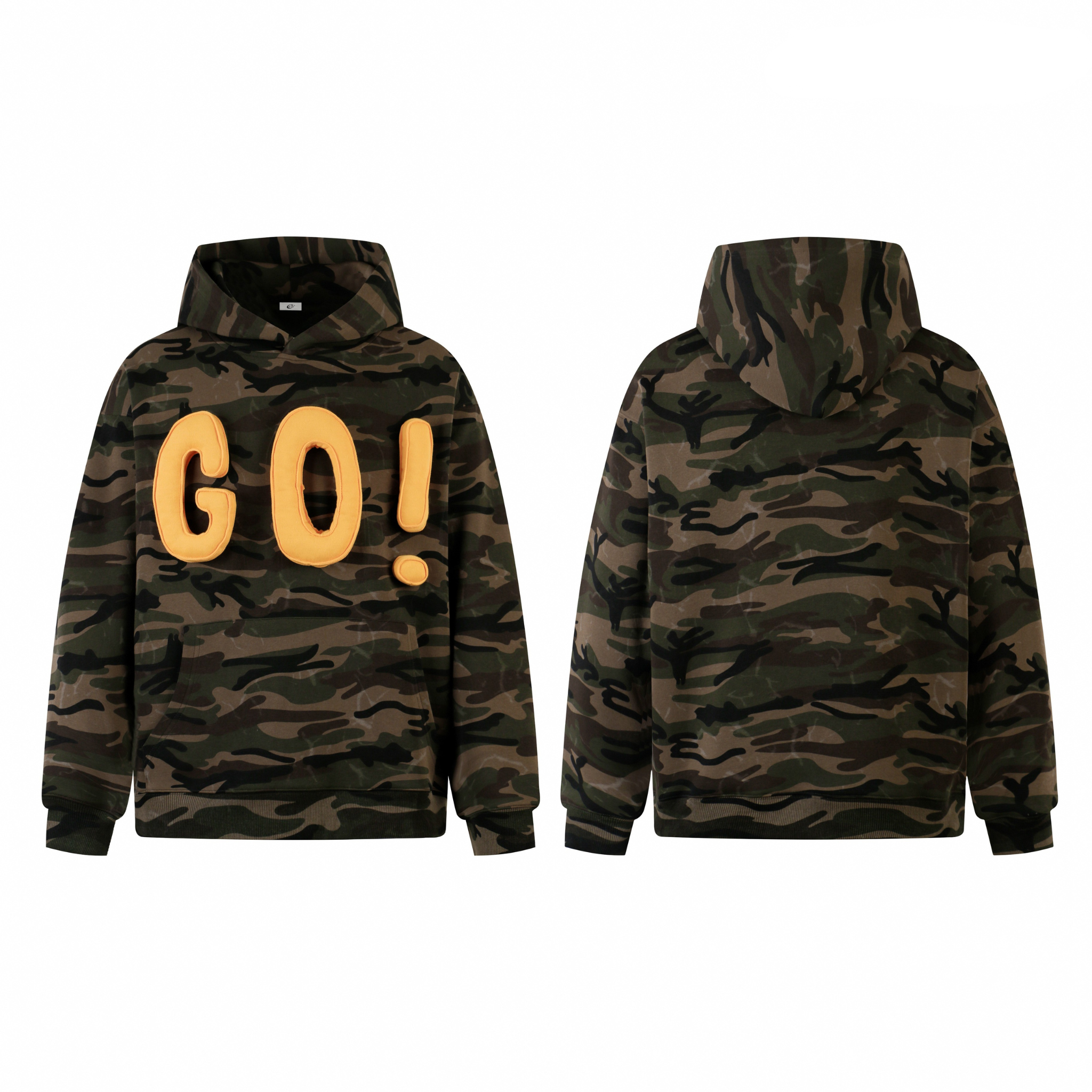 Front and back view of a dark camouflage hoodie with bold 3D yellow GO! puff lettering on the chest