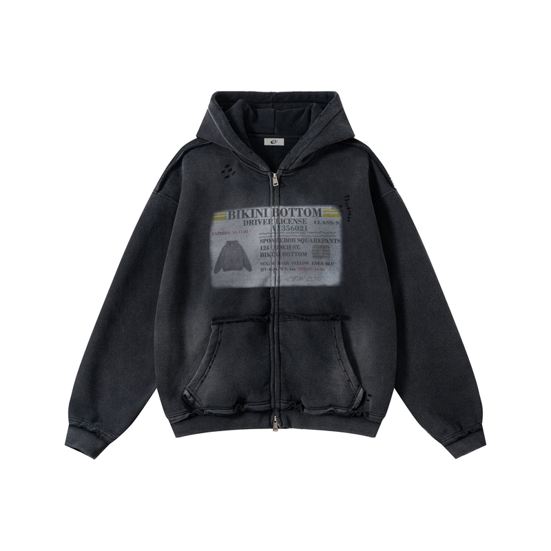 Black vintage wash zip hoodie with Bikini Bottom graphic on the front, front view
