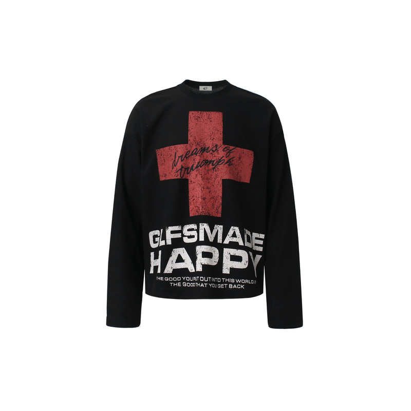 Black waffle knit long sleeve sweatshirt with red cross graphic and distressed white front text