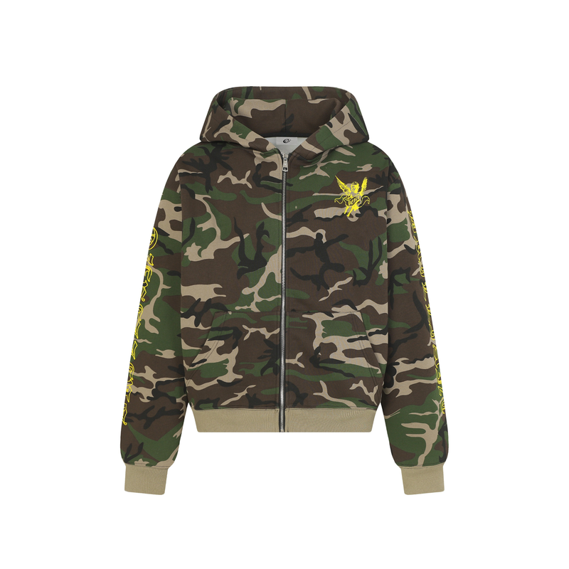 Camo zip hoodie with yellow angel graphic on the chest, front view