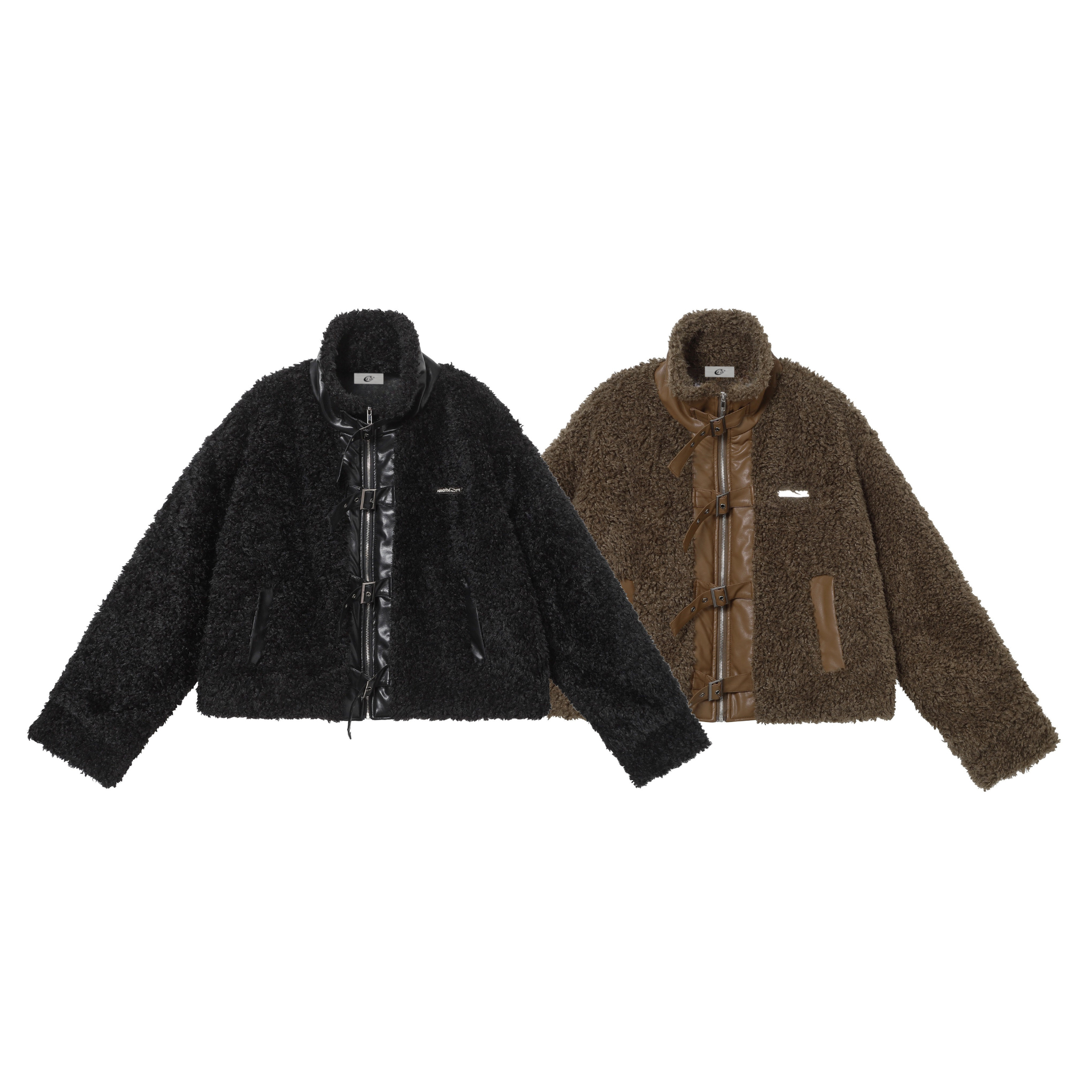 Omirad faux leather patchwork sherpa jacket in black and brown colorways, cropped fit with buckle zipper front closure