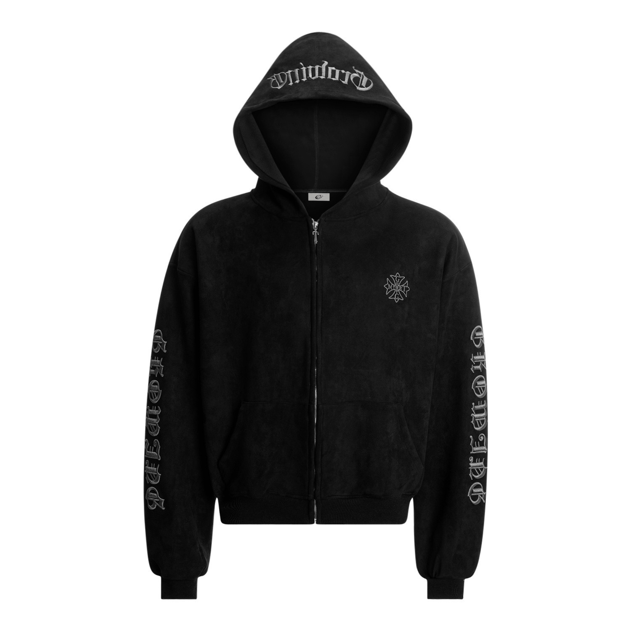 Omirad Gothic Embroidered Suede Zip Hoodie | Dark Streetwear