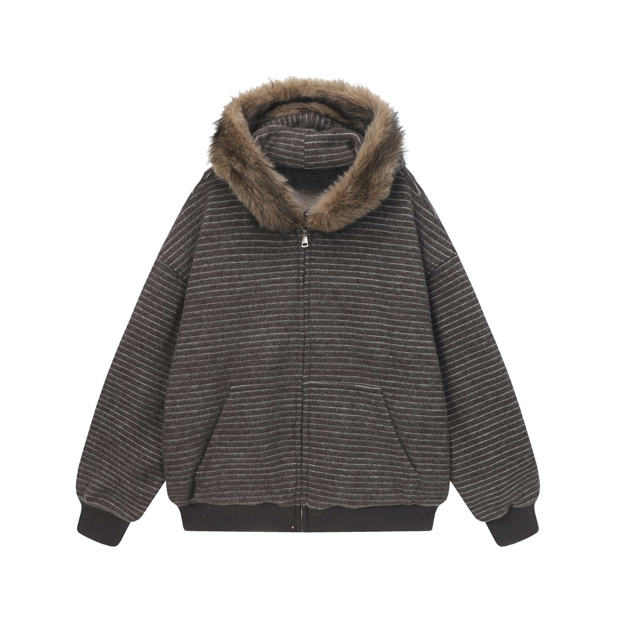 Striped Faux Fur-Lined Zip-Up Hooded Jacket | Omirad