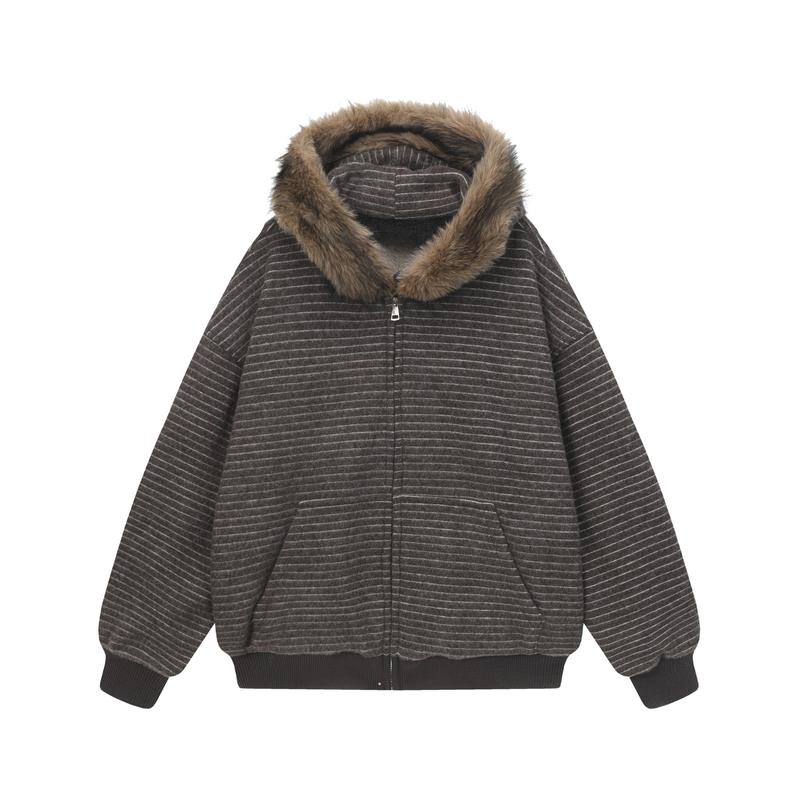 Striped Faux Fur-Lined Zip-Up Hooded Jacket | Omirad
