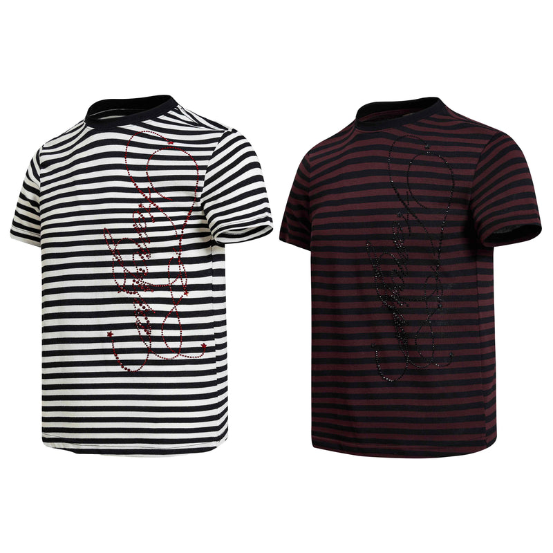 Striped short-sleeve tees with rhinestone gothic script, shown in black-and-white and burgundy-and-black colorways