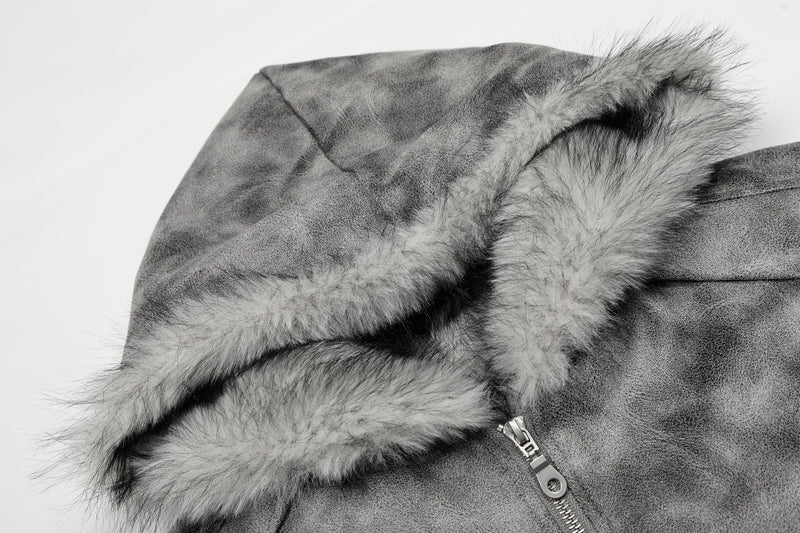 Washed Faux-Fur Hooded Bomber Jacket | Streetwear Winter Coat