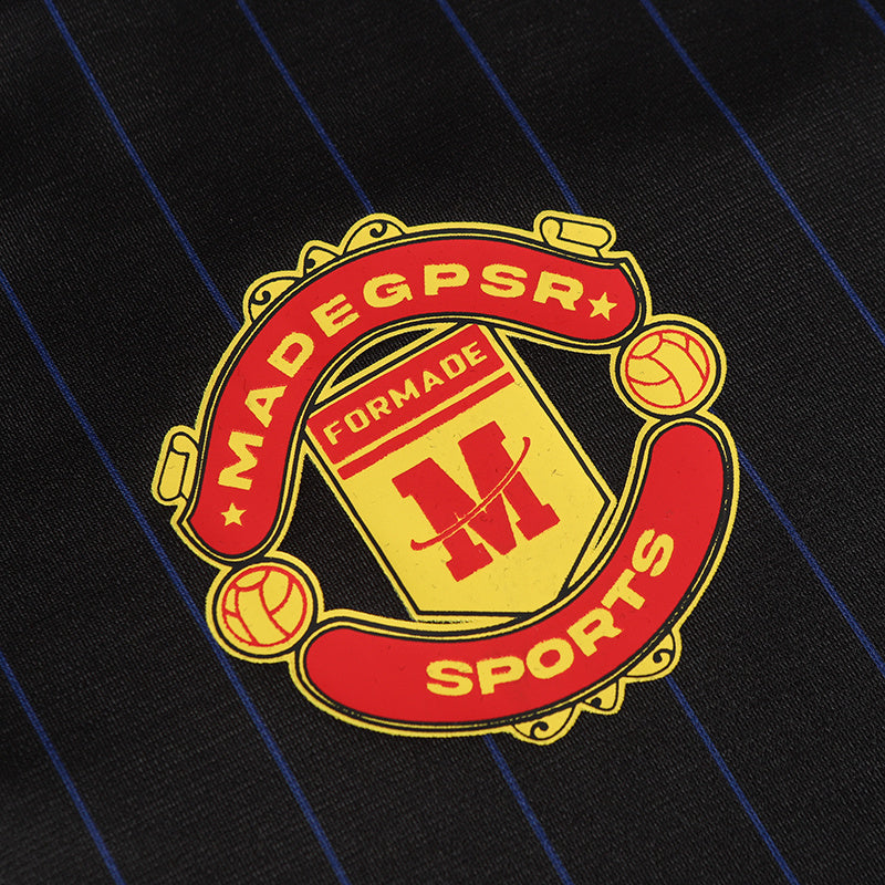 Black pinstripe football jersey with a vintage Madegpsr sports crest and bold red yellow logo details