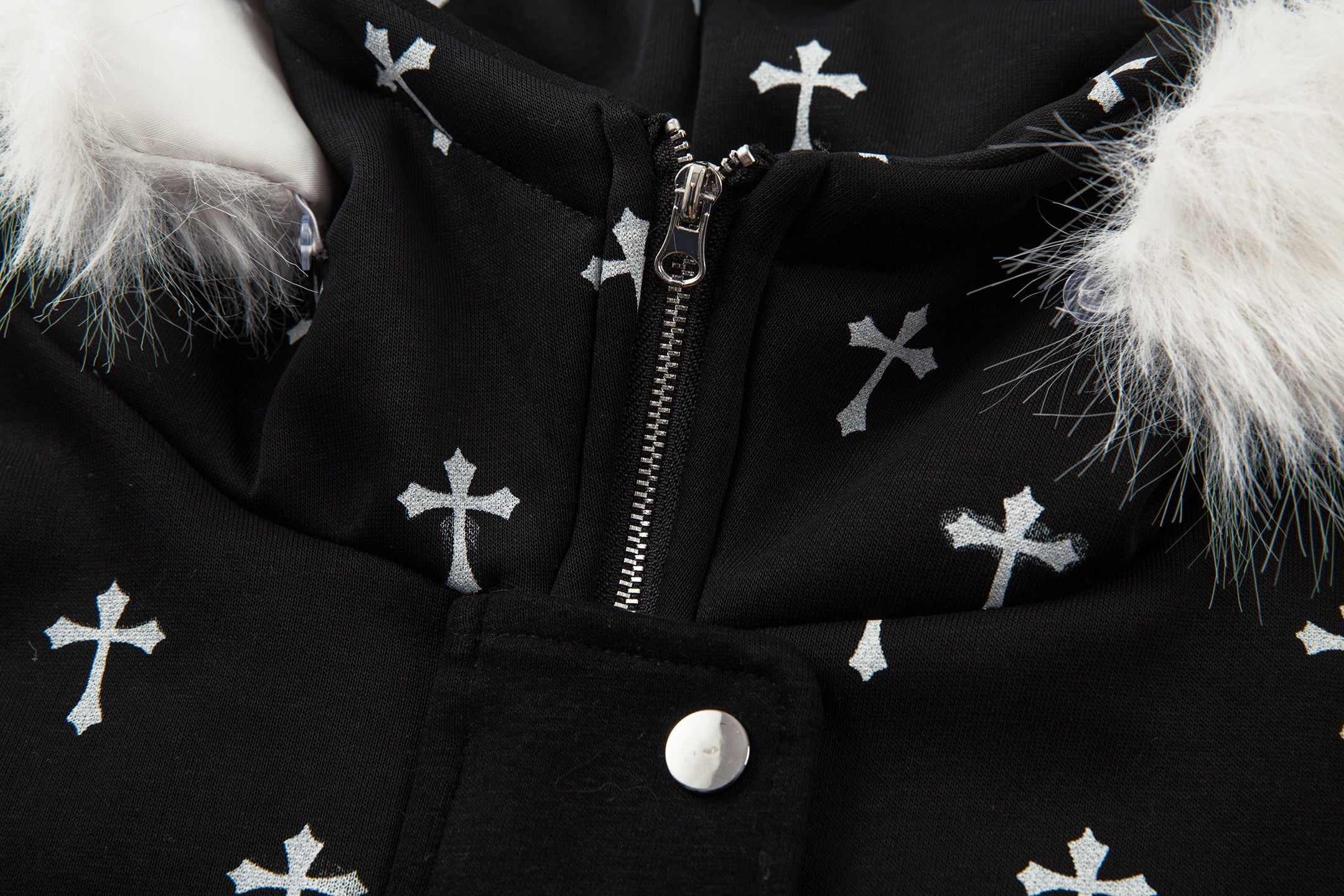 Gothic Cross Print Faux Fur Hooded Bomber Jacket
